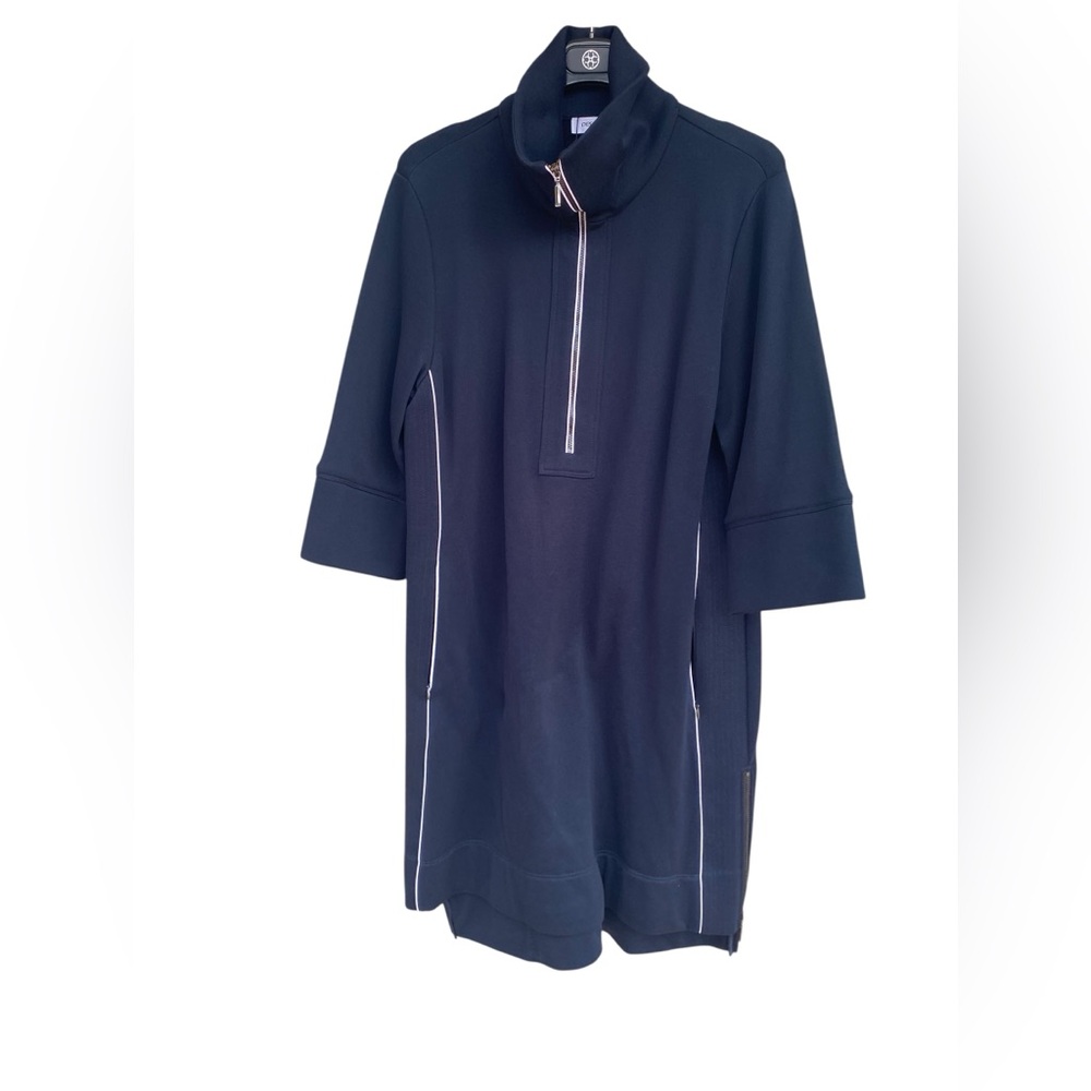 Per Se Navy Nautical Blue Shift Dress White Piping Zip Neck Knee Length Size 10